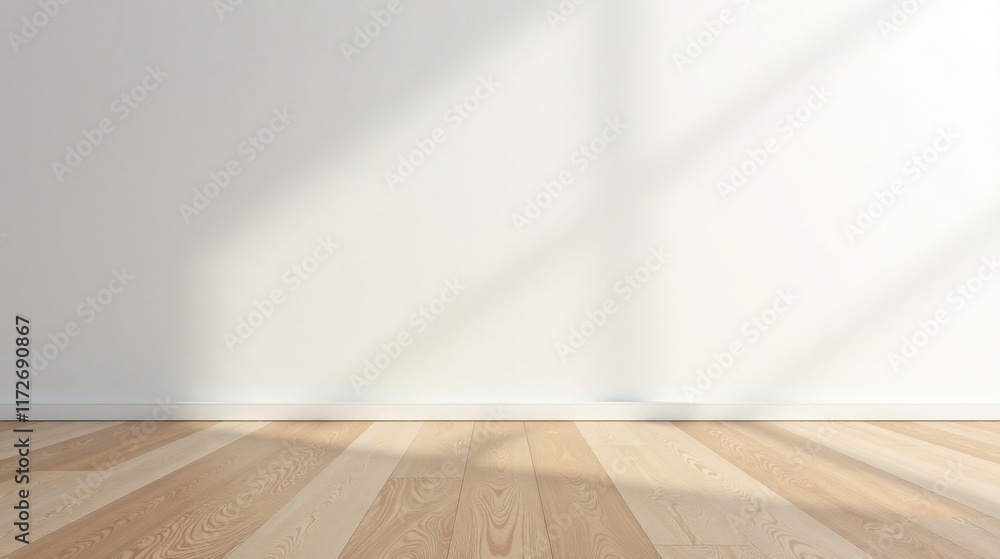 Empty Room Interior Featuring Light Wood Floor and White Wall with Sunlight Shadows Empty Room Interior Featuring Light Wood Floor and White Wall with Sunlight Shadows