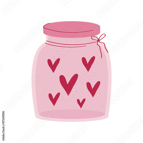 A cute pink jar filled with hearts. Valentine's Day concept. A glass container with love.