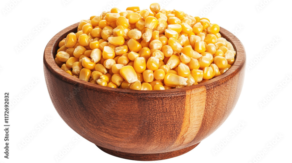 A wooden bowl filled with fresh yellow corn, isolated on transparent background A wooden bowl filled with fresh yellow corn, isolated on transparent background