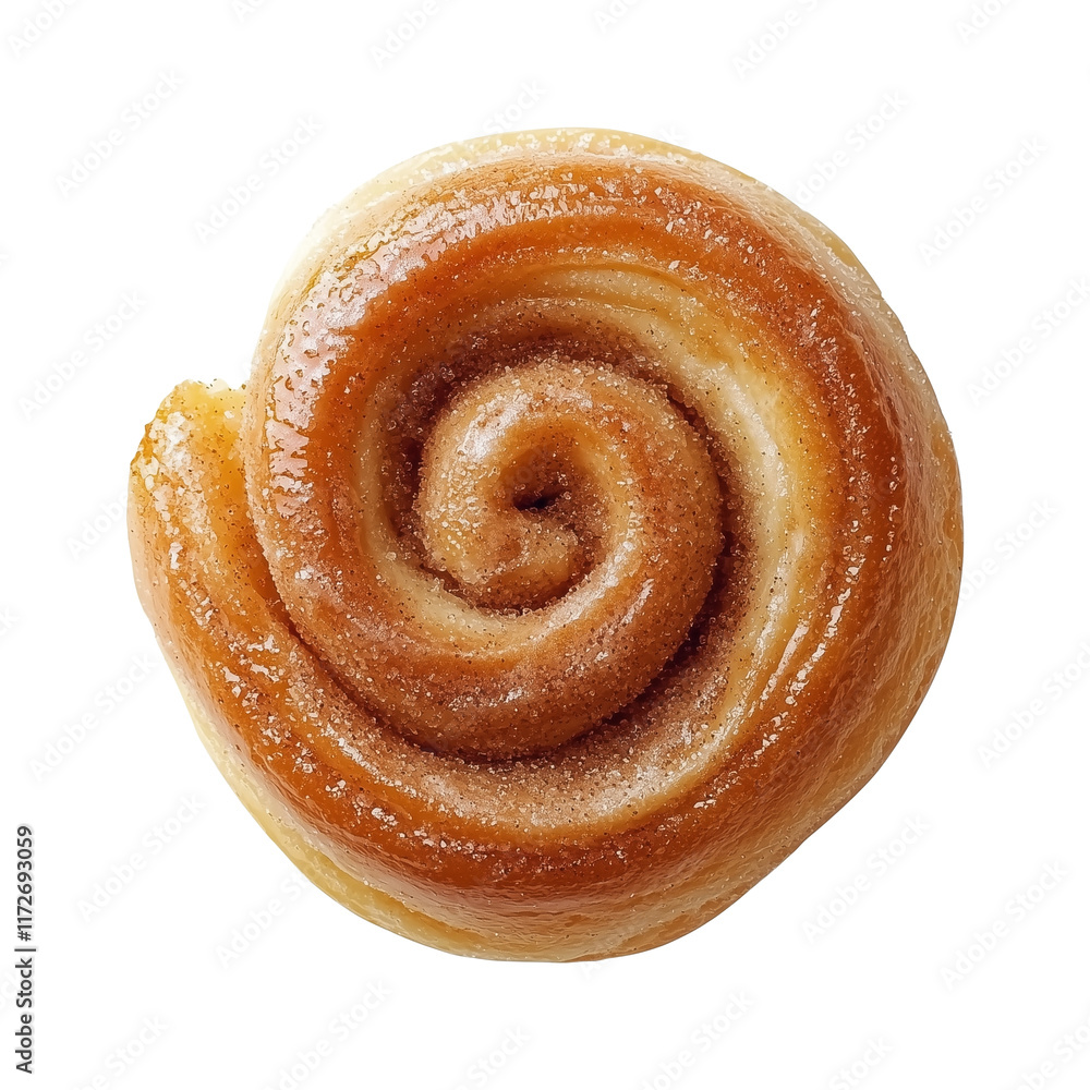 Fototapeta premium golden brown cinnamon roll with glossy glaze, isolated on transparency background, showcasing its spiral shape and sugar coated texture, perfect for bakery or dessert themes