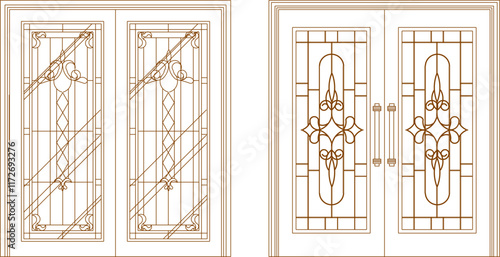vector sketch illustration of the silhouette of a modern abstract wooden door design for a large house.eps