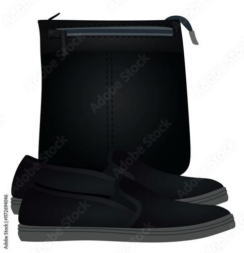 Black  loafer shoes and handbag. vector illustration