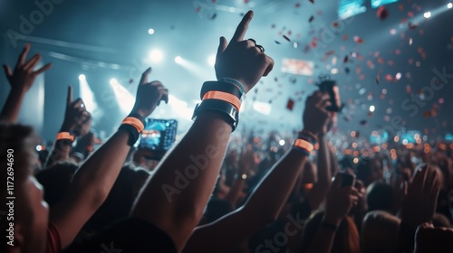 A dynamic EDM concert with glowing bracelets on the crowd and confetti in the air