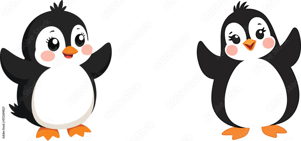 Fototapeta premium Cute little baby penguin icon flat style vector illustration set collection with white background