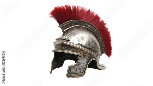 Ancient Roman warrior helmet with red plume, isolated on transparent background photo