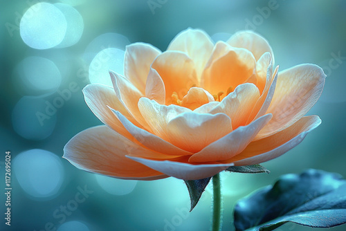 Peach rose blooming in garden, bokeh background, floral greeting card