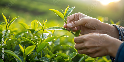 Harvesting fresh tea leaves by hand in lush green plantation.