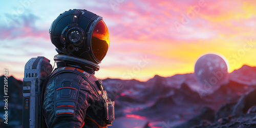 futuristic astronaut in high tech spacesuit gazes at glowing alien planet during vibrant sunset, surrounded by rugged extraterrestrial terrain photo