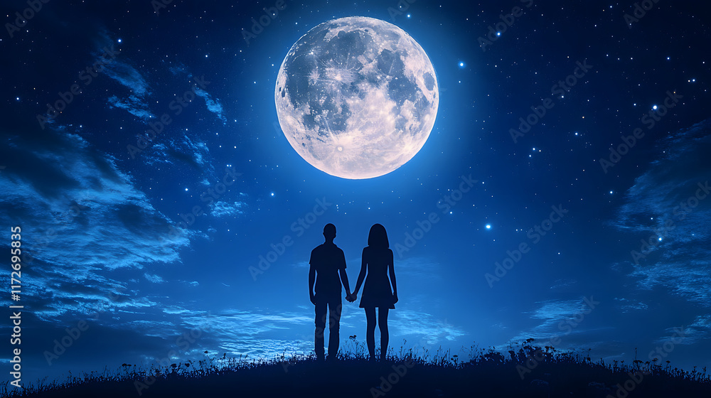 Fototapeta premium couple stands hand in hand under full moon, surrounded by stars, creating romantic atmosphere