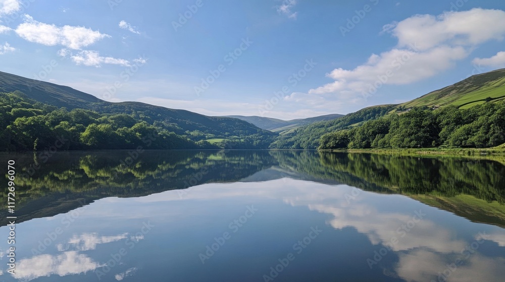 A calm lake with green trees and mountains reflecting in the water under a bright blue sky A calm lake with green trees and mountains reflecting in the water under a bright blue sky