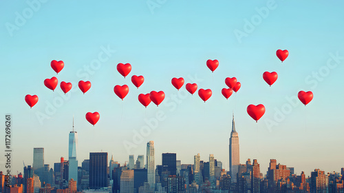 Bright red heart shaped balloons floating above city skyline, evoking joy and love