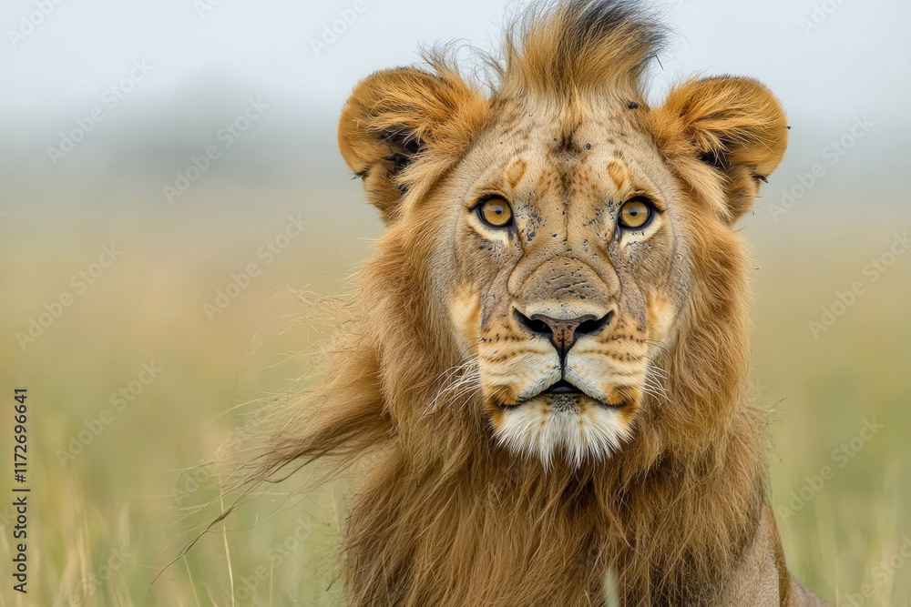 Fototapeta premium Young male lion with windswept mane in grassy savanna, blurred background