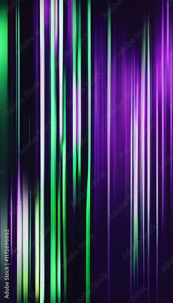 Dark purple and green vertical stripes with a digital glitch effect on a black background. Glitch-like video game lines. Abstract, motion-blurred effect. Dark purple and green vertical stripes with a digital glitch effect on a black background. Glitch-like video game lines. Abstract, motion-blurred effect.