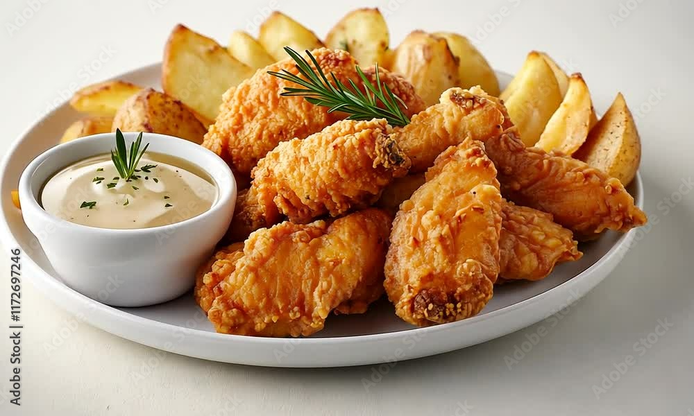 Chicken wings deep fried with potatoes and a sauce in the middle Chicken wings deep fried with potatoes and a sauce in the middle