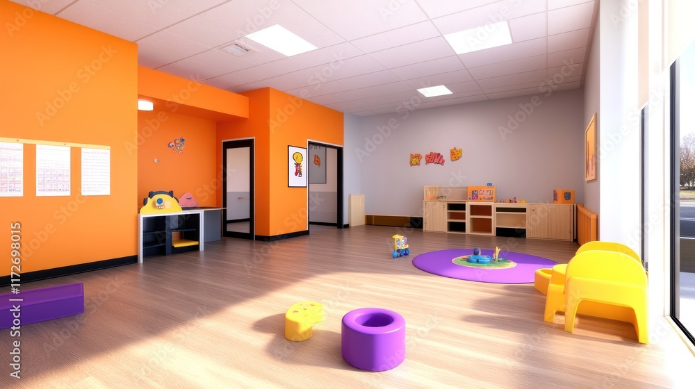 Bright and inviting children's playroom with toys and furniture. Bright and inviting children's playroom with toys and furniture.