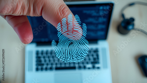 Finger print over computer on the desktop background. Top view. Double exposure. Concept of securitization. photo