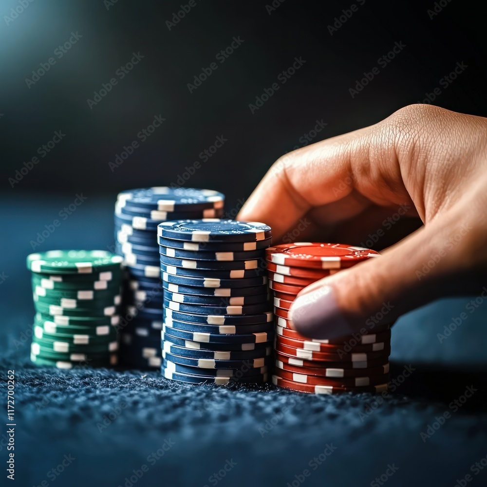 Focused View of Hand with Poker Chips on Casino Table Indoor Gambling Focused View of Hand with Poker Chips on Casino Table Indoor Gambling