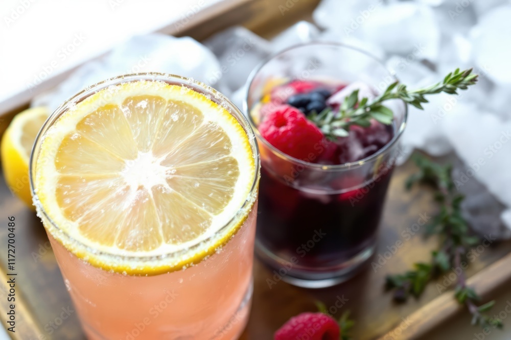 A sparkling lemon cocktail with fresh lemon slice, raspberry and thyme on a tray with ice. A sparkling lemon cocktail with fresh lemon slice, raspberry and thyme on a tray with ice.