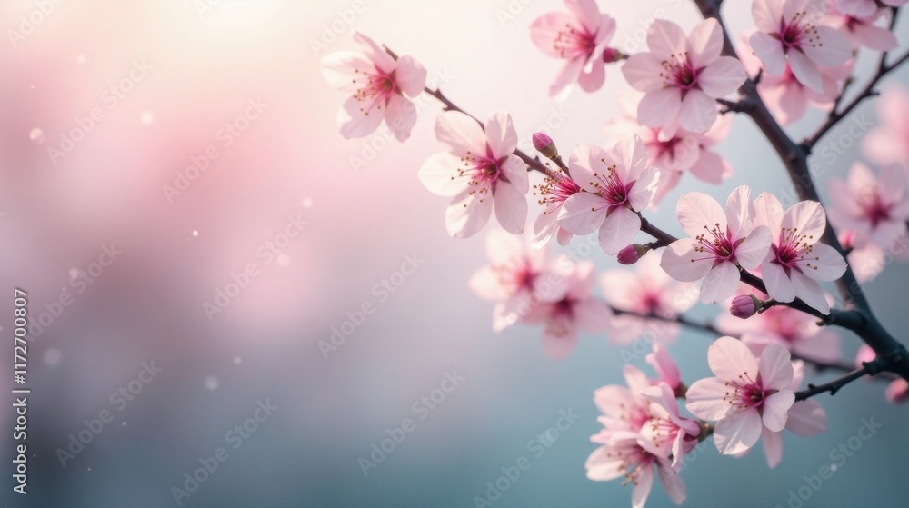 Fototapeta premium Delicate Pink Blossoms on a Branch in Soft Light