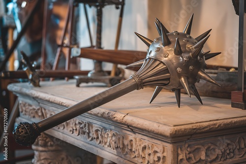 A closeup of a medieval morning star, a spiked metal ball on a long handle, rests on an ornate table. The weapons intricate details and aged appearance are evident. photo