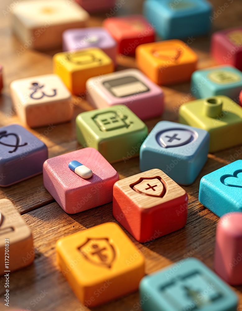 Colorful Health-Related Wooden Blocks on Table with Icons - Medical Concept Image Colorful Health-Related Wooden Blocks on Table with Icons - Medical Concept Image
