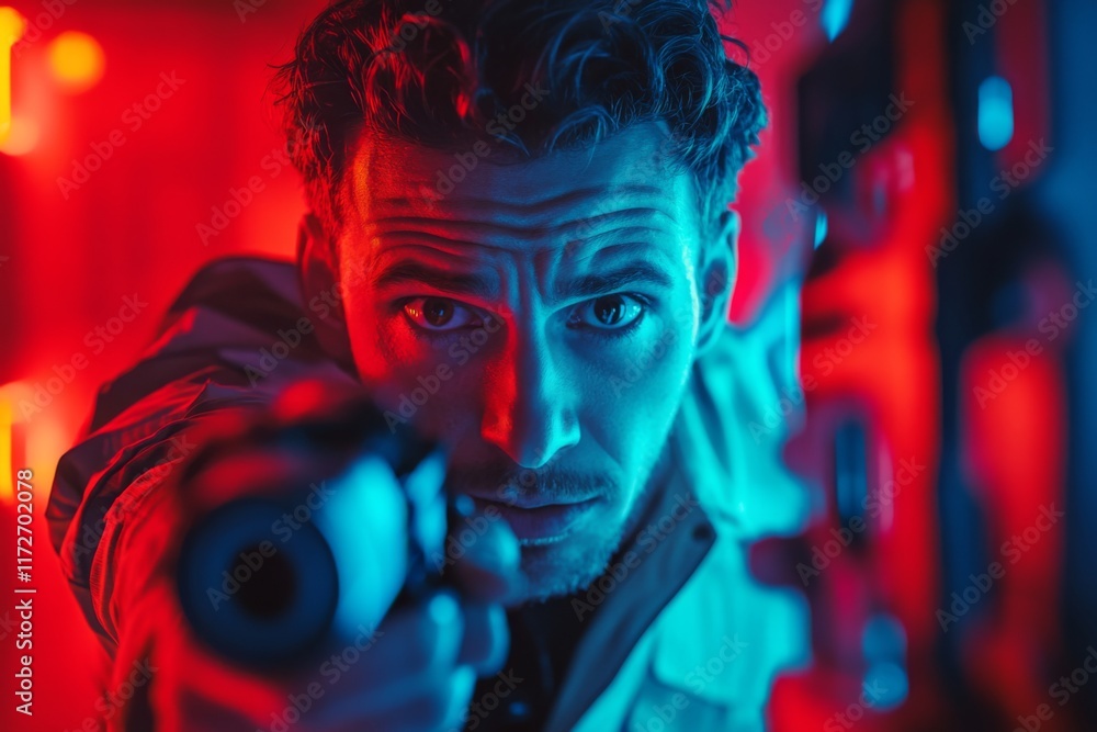An intense scene featuring a man aiming a pistol. The vivid colors create a dramatic atmosphere. Focus on emotion and tension. Generative AI An intense scene featuring a man aiming a pistol. The vivid colors create a dramatic atmosphere. Focus on emotion and tension. Generative AI