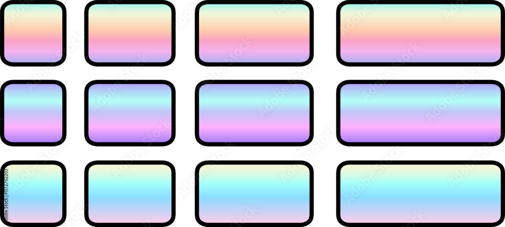 Buttons with rainbow iridescent gradient, square and rectangular shapes collection, interesting navigation panel for website with shiny holographic buttons. Buttons with rainbow iridescent gradient, square and rectangular shapes collection, interesting navigation panel for website with shiny holographic buttons.