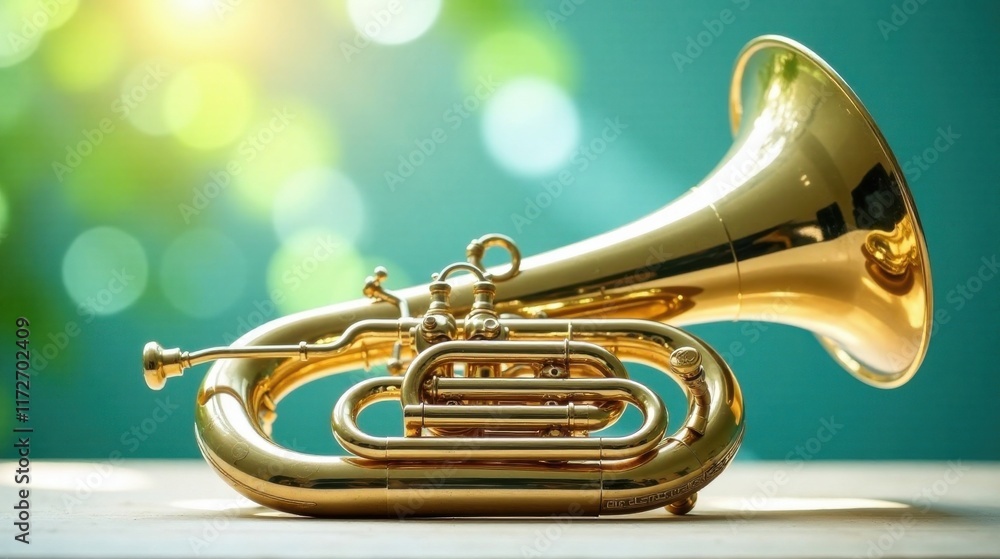 Obraz premium A Shiny Golden Euphonium Rests on a Wooden Surface Against a Blurred Green Background