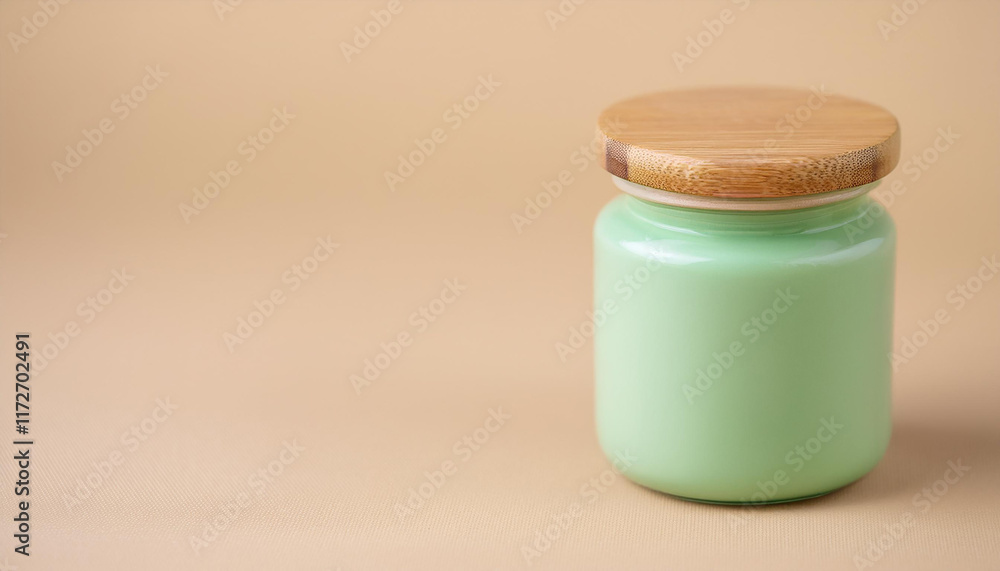 Green jar with wooden lid on beige background. Cosmetic, medicine or food. Green jar with wooden lid on beige background. Cosmetic, medicine or food.