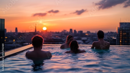 Relaxation in an Infinity Pool at Sunset. Friends enjoy the tranquil moment while surrounded by a breathtaking city skyline. The beauty of nature meets urban life. Generative AI photo