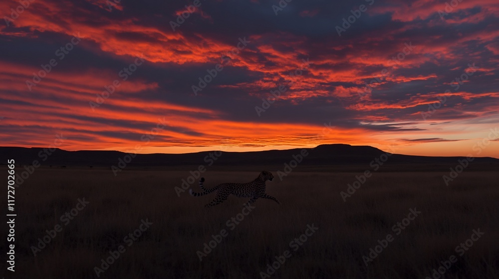 Cheetah running at sunset in African savanna. (2) Cheetah running at sunset in African savanna. (2)