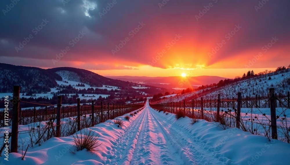 Fototapeta premium A cold and wintry sunset casts long shadows across Crimea's vineyard landscape, winter sunset, dark clouds