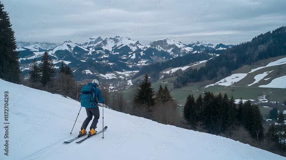 Skier descending snowy mountain slope, breathtaking panoramic view of alpine valley and snow-capped peaks. Skier descending snowy mountain slope, breathtaking panoramic view of alpine valley and snow-capped peaks.
