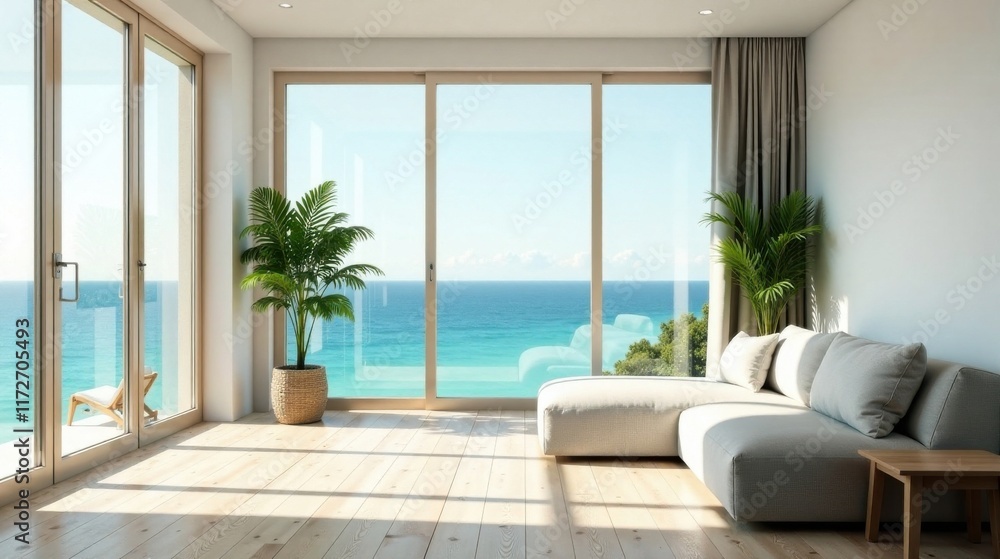 Coastal Living Room with Ocean View and Light Wood Floors Coastal Living Room with Ocean View and Light Wood Floors