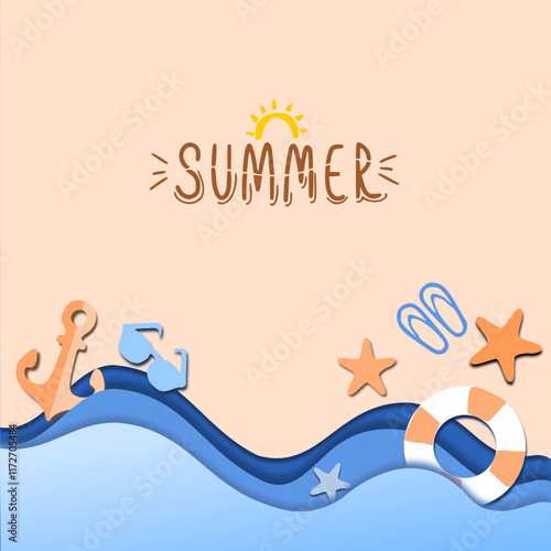 Underwater scene with colorful coral reefs and fish. Cartoon style. Bright blue background. Concept of marine life. Vector illustration