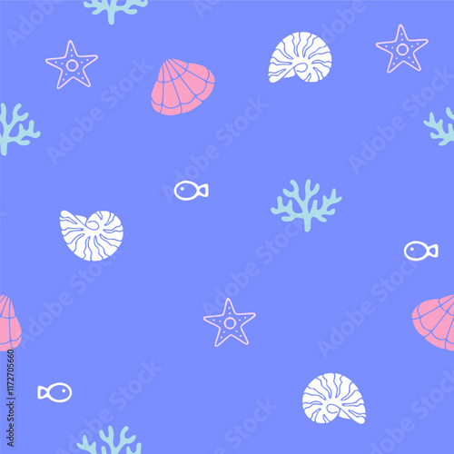 seamless pattern with seaweeds, corals, seashells, starfishes and sea urchin isolated. Underwater bouquet, Illustration for greeting cards,