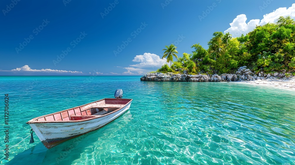 A small boat floats near a lush tropical island surrounded by crystal-clear waters. The bright, sunny sky and calm sea evoke a romantic and adventurous feeling. A small boat floats near a lush tropical island surrounded by crystal-clear waters. The bright, sunny sky and calm sea evoke a romantic and adventurous feeling.