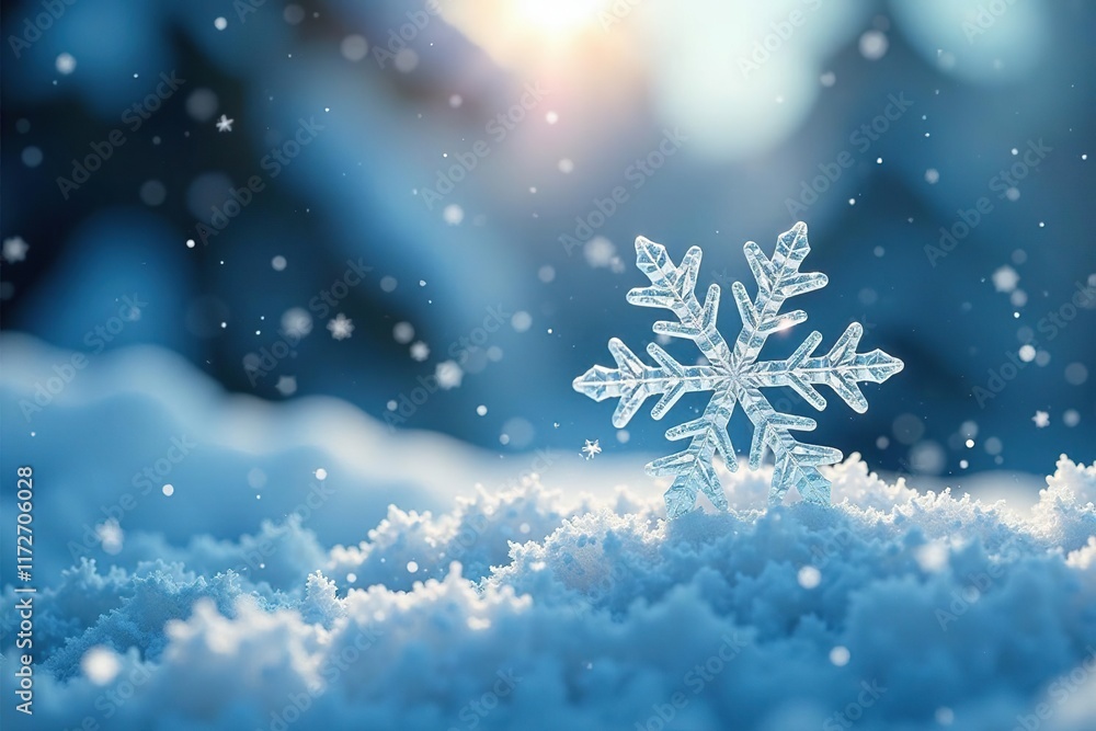 A snowflake crystal falls from the sky amidst falling snow, delicate, peaceful A snowflake crystal falls from the sky amidst falling snow, delicate, peaceful