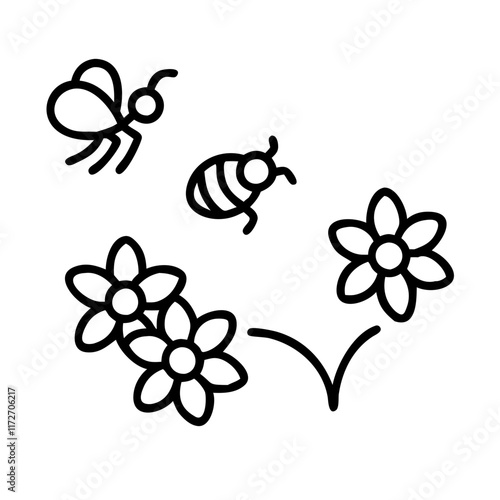 Bees and flowers in minimalist black line art.