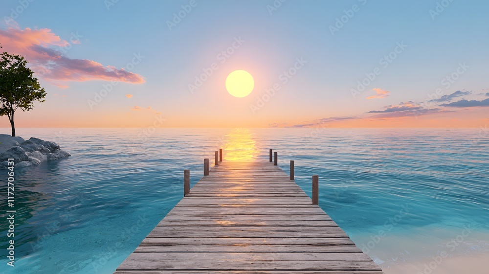 Fototapeta premium A long wooden pier extends over calm sea waters, bathed in the golden light of a sunset. The serene atmosphere evokes a sense of calm and romance.
