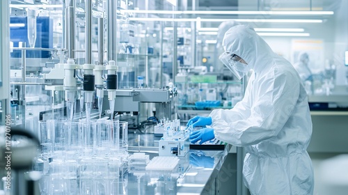 Sterile biotech lab with automated machines producing synthetic biological materials, high-tech environment