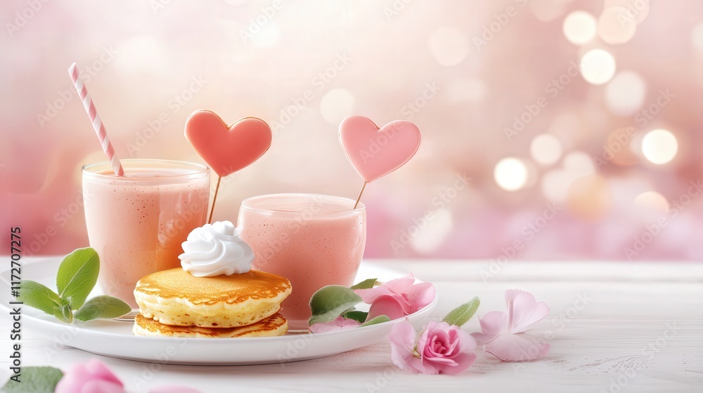 Valentine. Sweet drinks and dessert with heart-shaped decorations on a romantic background. Valentine. Sweet drinks and dessert with heart-shaped decorations on a romantic background.