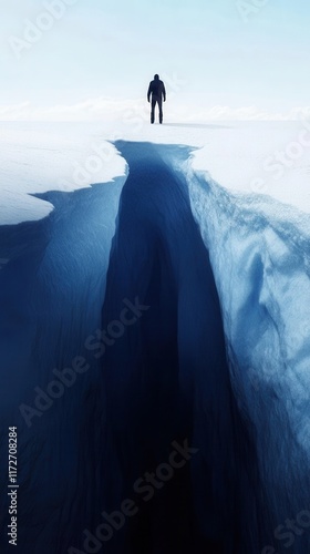 Man standing on edge of deep icy crevasse photo