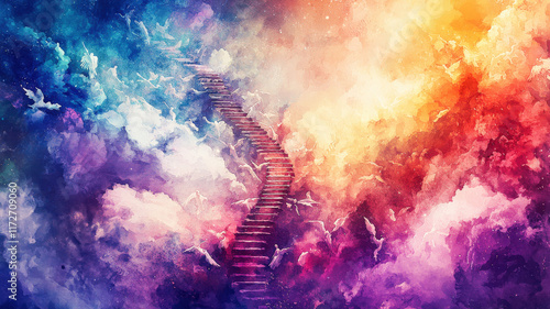 A mystical watercolor of Jacob’s Ladder stretching into the heavens, with angels ascending and descending in vibrant hues, surrounded by ethereal light and celestial beauty.