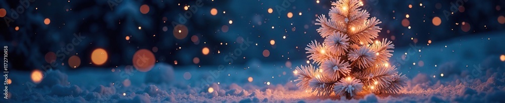 ethereal snowflakes float around a glowing abstract Christmas tree, lights, frosty ethereal snowflakes float around a glowing abstract Christmas tree, lights, frosty