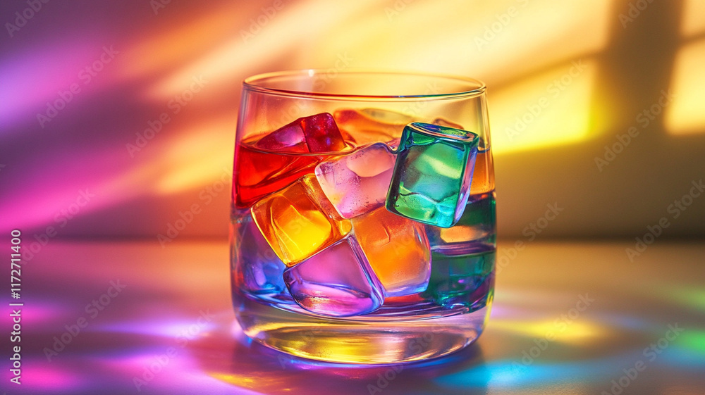 Colorful ice cubes in clear glass create vibrant display of light and color. reflections and shadows add playful and artistic touch to scene Colorful ice cubes in clear glass create vibrant display of light and color. reflections and shadows add playful and artistic touch to scene