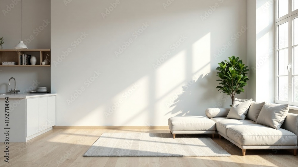 Fototapeta premium Modern Minimalist Living Room Interior Design with Sunlight Streaming Through Window