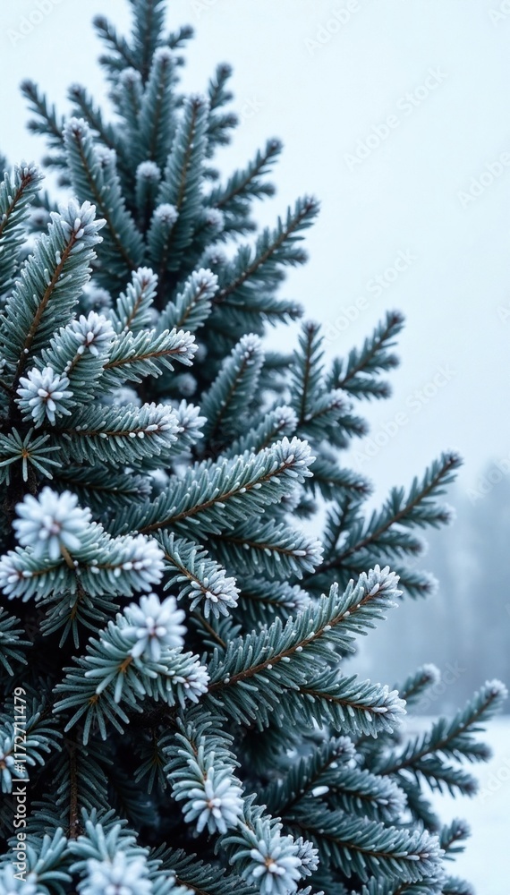Frosty evergreen tree branches against a grey sky, cold, frosty, nature Frosty evergreen tree branches against a grey sky, cold, frosty, nature