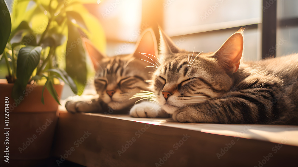 Delightful Window Scene with Two Intrigued Domestic Cats Appreciating Sunlight at Home Delightful Window Scene with Two Intrigued Domestic Cats Appreciating Sunlight at Home