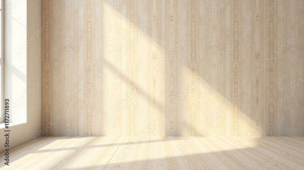 Empty Room with Light Streaming Through Window and Wooden Walls Empty Room with Light Streaming Through Window and Wooden Walls